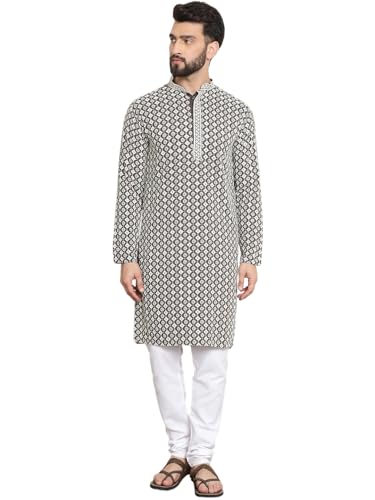 Image of SOJANYA (Since 1958 Men's Cotton Gold Embroidered Sequinned Kurta With white churidar Pyjama