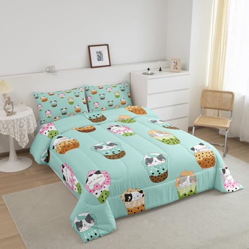 Image of Feelyou Kids Milk Tea Comforter Set Twin Size, Cute Kitten Cat Bedding Set Bubble Tea Comforter Kids Boys Girls Kawaii Duvet Insert Room Decor with 1 Pillow Case