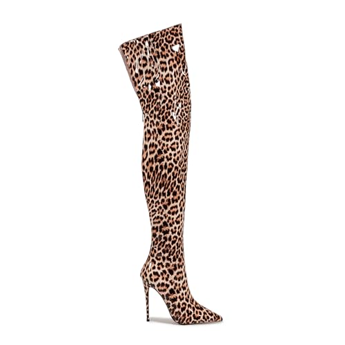 Image of Thigh high boots for women striped Back zipper Burgundy Zebra Print Over the knee Sexy gold white pointed toe Cow Print leopard Magenta stiletto heel