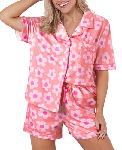 SELINK Womens Summer Pajamas Sets Short Sleeve Flower Print Button Down Sleepwear Loungewear 2 Piece Pj Set Pink-XL