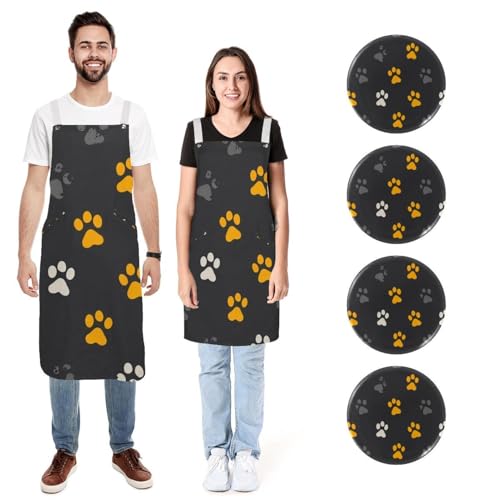Tablier de cuisine en lin pour homme femme lot de 2 poches réglables imprimé pattes de chat
