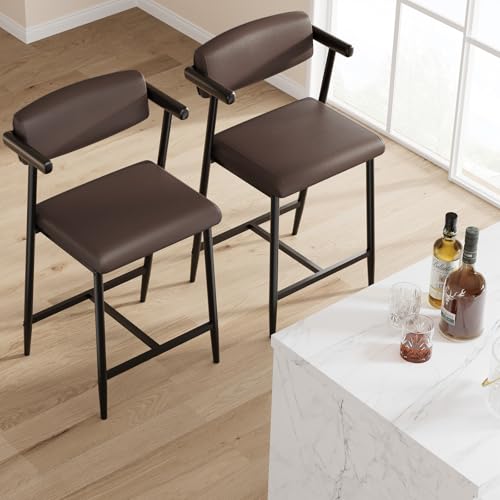 Image of GarveeHome Counter Height Bar Stools of 4 with Armrests, 4 Piece Counter Height Bar Stools Set with Back, Upholstered Seat & Metal Footrest for Kitchen Islands, Counter Bars, Retro Brown
