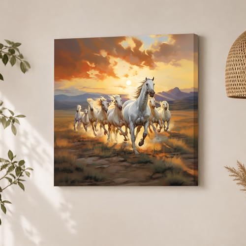 Image of 7 White Running Horses Wall Art Painting For Living Room, Vastu Abstract Landscape Stretched Canvas Wall Art Poster for Living Room, Office & Home Decor (55x55 cm)