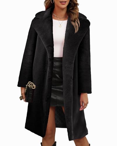 Bgylu Women's Faux Fur Coat Teddy Fuzzy Fleece Open Front Cardigan Elegant Lapel Collar Long Sleeve Longline Loose Jacket (US, Alpha, Small, Regular, Regular, Black)