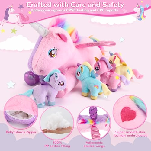 Image of 5 Pieces Unicorn Stuffed Animals - 1 Mommy Stuffed Unicorn with 4 Babies - Unicorns Gifts for Girls Ages 3-8, Unicorns Plush Toys for Christmas, Valentine's, Birthday Gifts (Pink & Purple)