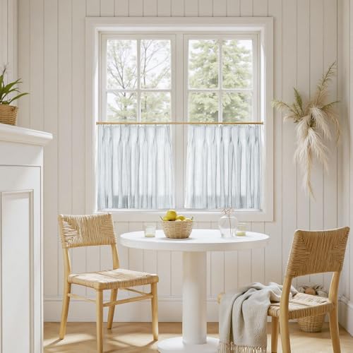 Image of TWOPAGES Pinch Pleat Cafe Curtains 36 Inch Long Ticking Stripe Light Filtering Farmhouse Half Window Curtains for Small Window (Light Blue Pinstripe, 26W x 36L Inches, Set of 2)
