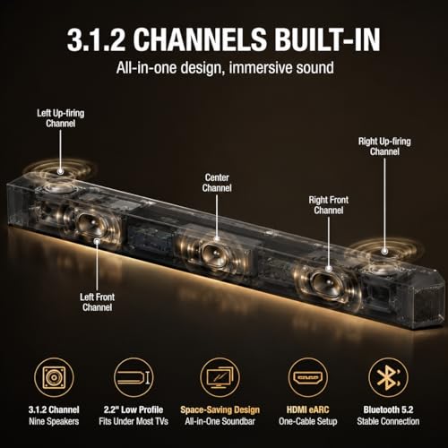 Image of 3.1.2 Channel Soundbar with Wireless Subwoofer for TV, Dolby Atmos & DTS Virtual:X Home Theater Audio System, Q-Symphony Compatible, HDMI eARC, 4K Video Pass-Through, Bluetooth, Titan Black