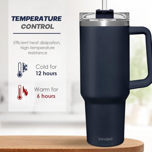 Image of SANDJEST Stainless Steel Insulated Tumbler with Handle 40oz With Lid and Straw, Coffee Travel Cup for Men Women Friends Family, Gifts for Christmas Birthday (Navy)