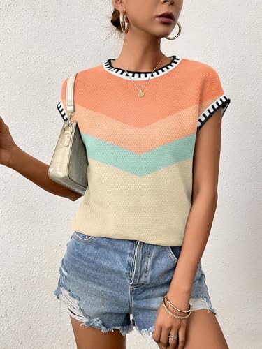 Image of Cap Sleeve Sweater Tops for Women 2026 Knit Summer Sleeveless Tank Vest | Slim Fit, Trendy Color Block, Soft, Skin-Friendly, Strechy, Lightweight, Breathable, Casual Daily Wear