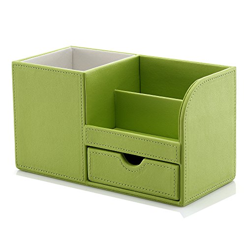 KINGFOM PU Leather Desk Organizer Office Accessories Collection Storage Box, 3 Compartments Pen Pencil Holder with Small Drawer (Green)