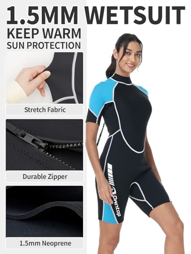 Owntop Traje de neopreno corto de 1.5 mm para hombre y mujer, con cremallera trasera, para buceo, surf, manga corta, neopreno elástico para deportes acuáticos, mujer, azul, talla S - imagen 3