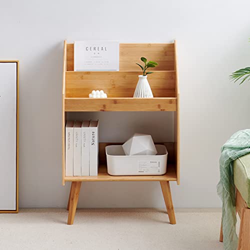 Abocofur Bamboo Floor Book And Magazine Display Shelf, 20.67"(L) X10.63(W) X30.71(H), Multifunction Free Standing Organizer Storage Rack, Small Bookcase For Home, Office, Burlywood #TOP4