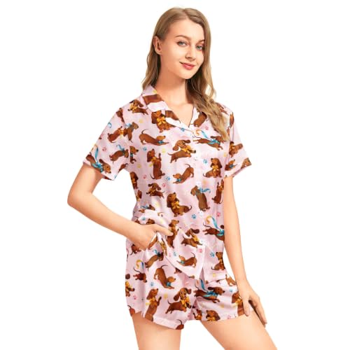 Image of Funny Satin Pajamas Set for Women Button Down Sleepwear Print Pjs Set 2 Piece Short Sleeve Loungewear Gift for Women