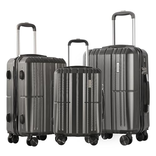 3 Piece Luggage Set ABS+PC Expandable Hardshell TSA Lock Aluminum Trolley Spinner Wheels (Dark Grey, 3 Piece Set)