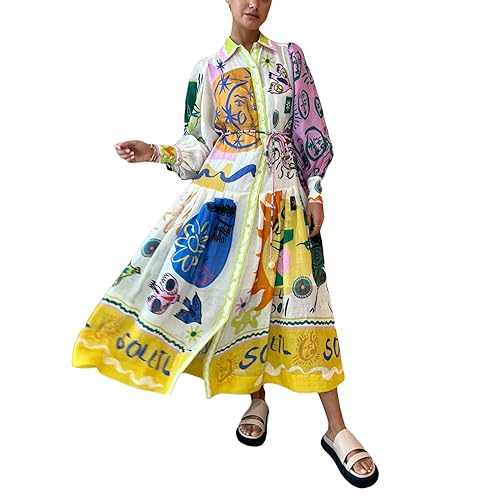 Women Graphic Puff Sleeve Maxi Dress Graffiti Button Down Shirt Dress Vintage Boho Floral Flowy Long Dresses2