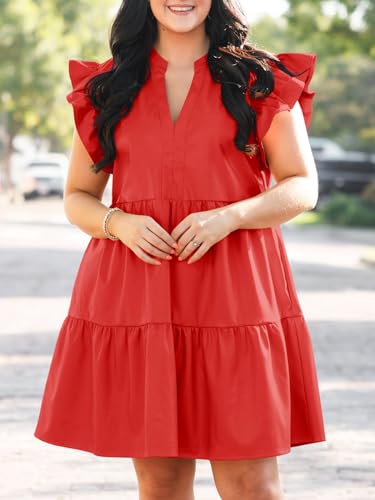 Image of Fisoew Plus Size Dresses for Women Summer Ruffle Short Sleeve V Neck Dress Tiered Swing A Line Babydoll Mini Dress