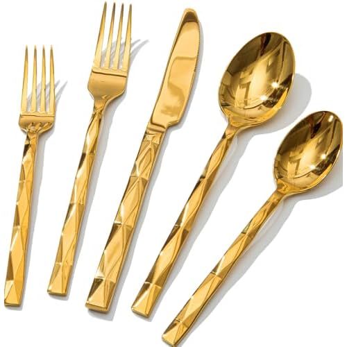 KINGSTONE Gold Silverware Set, Luxury 20 Piece Flatware Set for 4, 18/10 Stainless Steel Cutlery Set with Diamond Cut Pattern for Kitchen, Home, Wedding, Party, Mirror Polished and Dishwashe