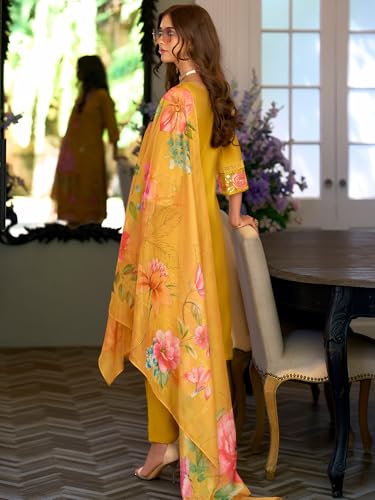 Image of INDO ERA Women's Silk Blend Floral Embroidered Thread Work Kurta & Pant with Dupatta Set (IEOUT13229)