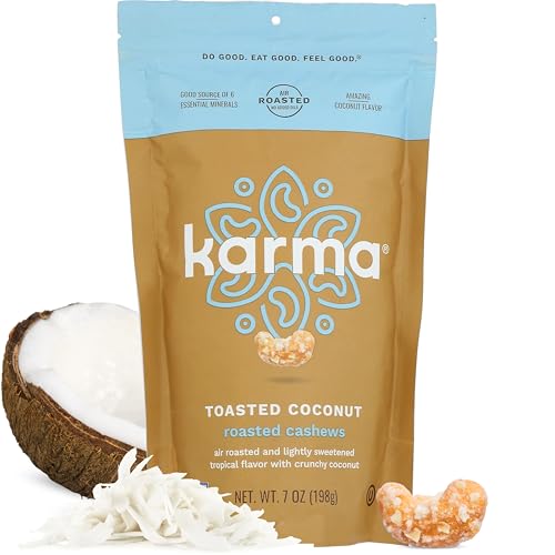 Toasted Coconut Air Roasted Whole Cashews by Karma Nuts, Lightly Sweetened, Peanut-Free Facility, Kosher, Everyday Nut Snack, 7oz Resealable Bag