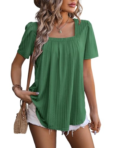 Image of Flikity Womens Plus Size Tops, Puff Short Sleeve Tunic Tops for Women UK Square Neck Womens Top Ladies Blouses Dressy Casual T Shirts Going Out Top Dark Green 2XL