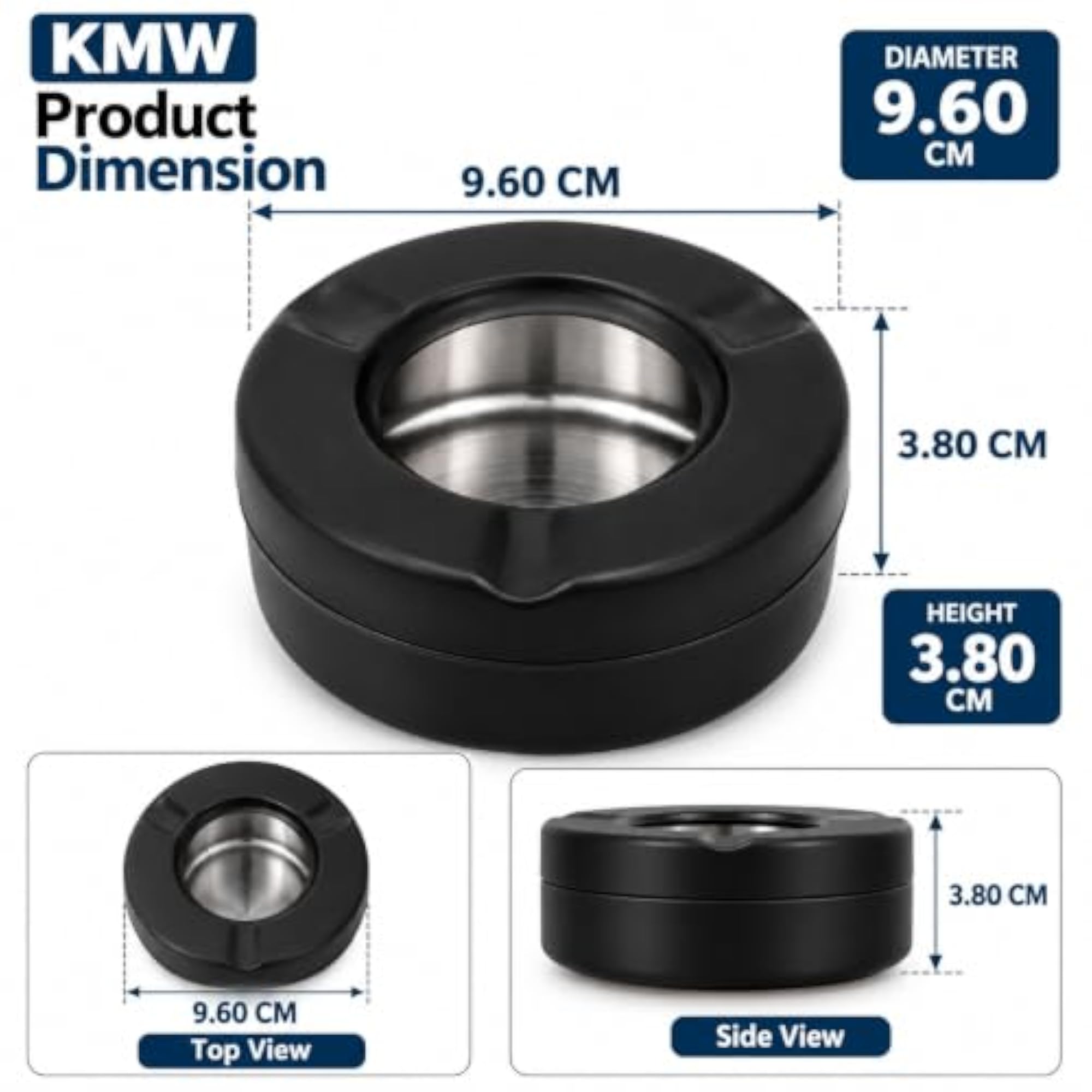 Premium Stainless Steel Black Ashtray with Lid, Set of 6