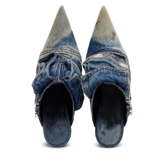 MILDSEVEN Fashion Denim High Heel Slippers with Zipper for Women, Sexy Large Size Ponited Toe Casual Sandals for Banquets, Parties And Wedding3