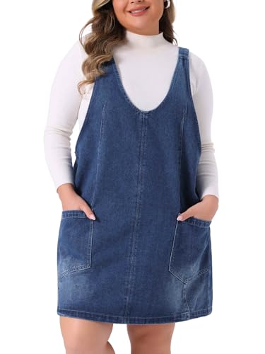 Image of Agnes Orinda Plus Size Denim Overall Dress for Women Sleeveless V Neck Denim Jumper Dress with Pocket