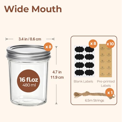 Image of ComSaf Wide Mouth Mason Jars 16oz - 8 Pack, Pint Mason Jars with Lids and Seal Bands, Glass Canning Jars for Pickling, Jam, Jelly, Honey, Salad, Desert, Shower Wedding Favors, DIY Candles Decor