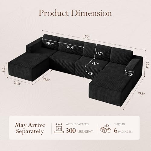 Image of Vesgantti 159 inch Large Modular Sectional Sofa, U-Shaped Corduroy Cloud Couch with Deep Seats & Spring Support, 4-Seater Boneless Sofa with 2 Movable Ottomans, No Assembly Needed, Black