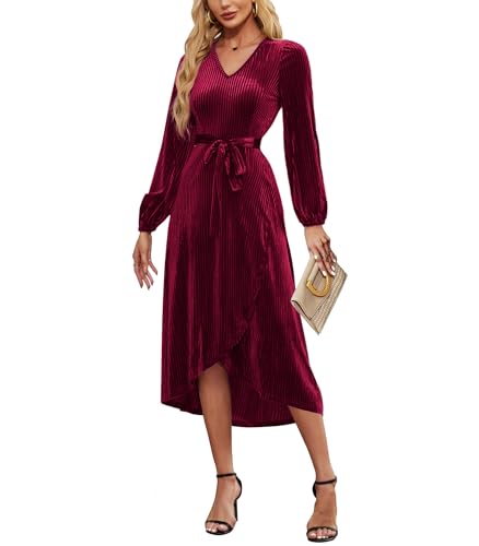 ETOSELL Women's Velvet V Neck Puff Sleeve Dress for Wedding Guest Cocktail Elegant Bodycon Party Midi Dress Wine Red