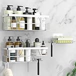 KEGII Shower Caddy Organiser with Soap Holder, Shower Shelf No Drilling, Adhesive Shower Storage Kitchen Rack, Bathroom Shower Accessories Tidy, Stainless Steel, Silver, 3 Pack