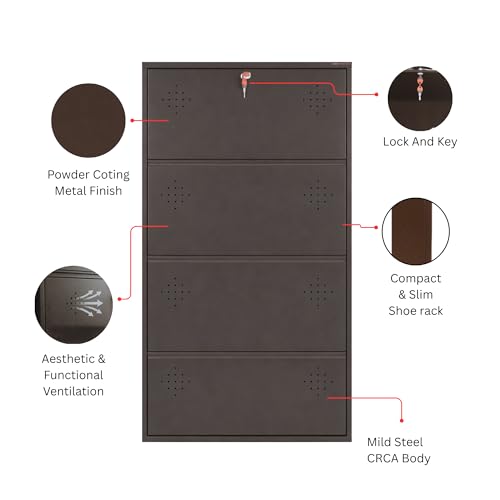 Image of 4 Door Wall Mounted Metal Shoe Rack Cabinet, Brown, 52x26x6 Inch