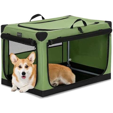 PETSFIT Soft Dog Crate, Dog Travel Crate - 30 Inch Lightweight, Easy Setup, Sturdy Soft Sided Dog Crate, Adjustable Framework with 3 Mesh Door, Travel Collapsible Dog Kennel Green Cover