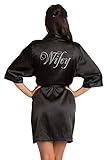 Zynotti Womens Black Satin Wifey Robe with Dazzling Rhinestones S/M 2-12