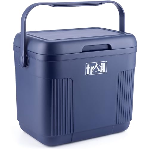 Trail 22L Cool Box with Ice Freezer Blocks, Insulated Hard Cooler for Hot Cold Food Drink, Picnic Camping Beach Festival BBQs, Food Safe BPA HDPE Free Liner, 48hr Cooling Time (W42cm x D29cm x H37cm)