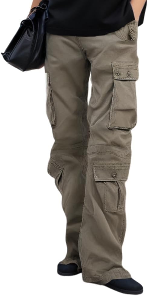 Akivide Women's Casual Baggy Cargo Pants Low Waisted Military Multi Pockets Work Trouser for Women