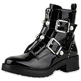  SCARPE VITA Damen Stiefeletten Biker Boots Schnallen Leder-Optik Schuhe Bikerstiefel Booties Zierperlen Zipper 174822 Schwarz Zierperlen 39
