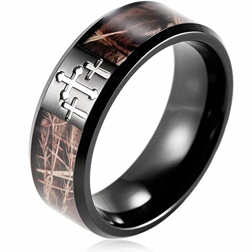 LWJYX Men's 8mm Retro Vintage Plated Black Titanium Wedding Bands Carved Hollow 3 Crosses and Camouflage Inlaid Christian Ring Size 11
