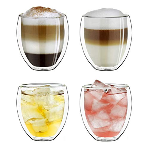 Creano Conjunto de 4 Vidrios Térmicos de Doble Pared Bellied, Gran Vidrio Borosilicato Resistente al Calor, Vidrio para Café y Té | 250ml