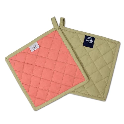 Image of Encasa XO Heat Resistant Cotton Pot Holders with Hanging Loop - Set of 2 - Sage & Coral - Multipurpose Quilted Everyday Hot Pad for Kitchen, Camping, BBQ & Microwave - 21 cm