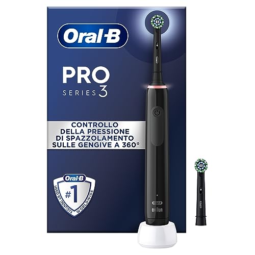 Oral-B Spazzolino Elettrico Ricaricabile Pro 3 3000, Sensore di Pressione Luminoso, Batteria a Lunga Durata, 2 Testine Cross Action, 1 Spazzolino Elettrico, Nero, Idea Regalo