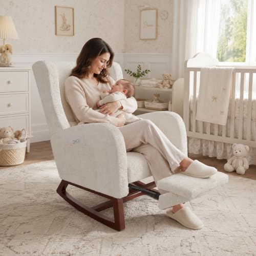 Miniatura 3 de Mioosut Silla Mecedora Con Reposapiés, Silla De Columpio, Silla De Relax Con Columpio Y Cojín Lumbar, Con Bolsillo Lateral Y Apoyabrazos, Silla Mecedora Para Dormitorio Sherpa, Blanco Sucio