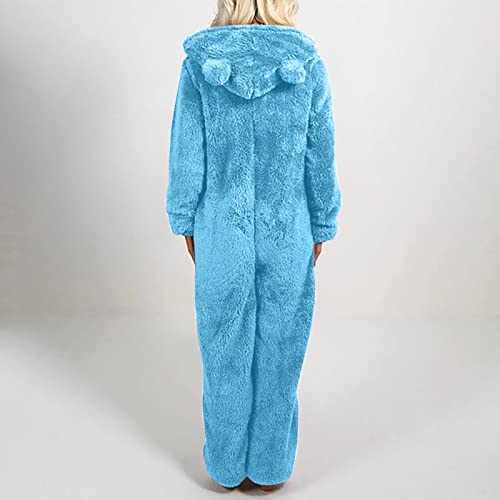 Cute Sherpa Romper For Women's Fleece Onesie Pajamas One-Piece Zipper Plush Warm Hooded Jumpsuit Plush Sleepwear Playsuit Sky Blue #TOP4
