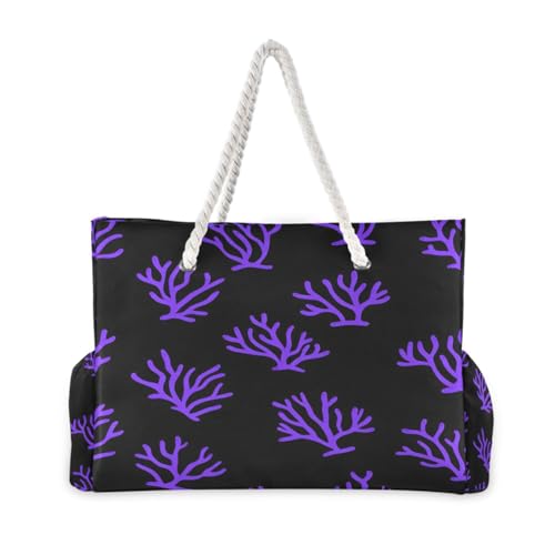 Beach Bag - Large Tote Bags for Women Purple Coral on Black Shoulder Bags Zipper Waterproof Sandproof for Travel Gym Swim Daily2