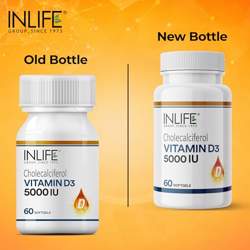 Image of INLIFE Vitamin D3 5000 IU Cholecalciferol with Coconut Oil Supplement for Better Absorption, For Men & Women, Immunity, Bone Health, Muscles - 60 Softgels