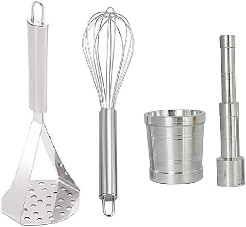 Kitchen Combo Set of Potato Vegetables Pav Bhaji Masher, Egg Beater Whisk & Aluinium Mini 0 Size Khal Batta
