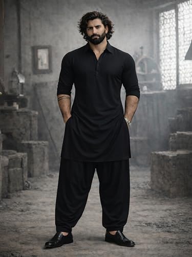 Image of VASTRAMAY Men's Black and White Viscose Pathani Kurta Set, Traditional Pathani Khan Suit Set in Viscose Fabric, and Salwar Patiala Pyjama for Weddings & Festival, Ethnic Outfit | Independence Day