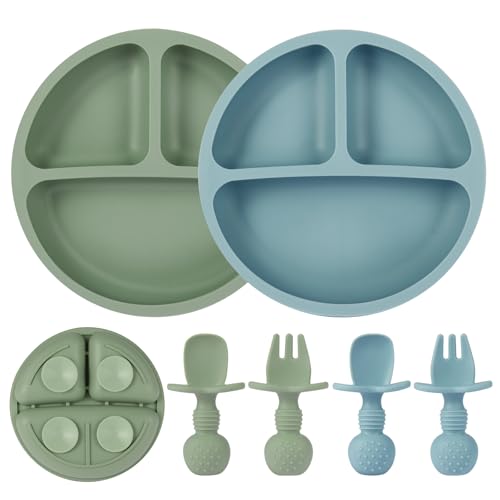 Image of Eascrozn 2 Pack Baby Plates with Suction, 2 Pack Silicone Forks and Spoons Set, Baby Led Weaning Supplies, BPA Free, Toddler Utensils for Feeding Essentials