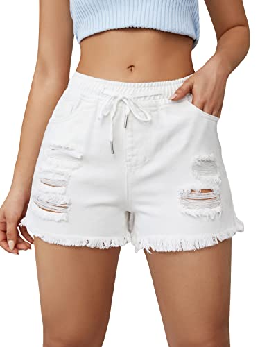 Makemechic Women's Ripped Denim Shorts Drawstring High Waisted Distressed Ripped Raw Hem Jeans Shorts White M #TOP19