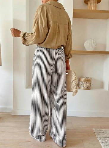 Image of Acelitt Women Casual Drawstring Elastic Waist Striped Wide Leg Pants with Pockets, S-XXL
